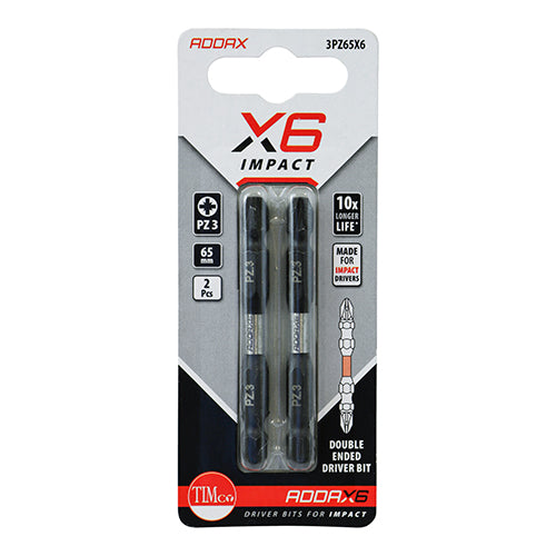 This is an image of Timco - Impact Driver Bits - PZ - Double Ended No.3 x 65 (2 Pieces Blister Pack) 3PZ65X6