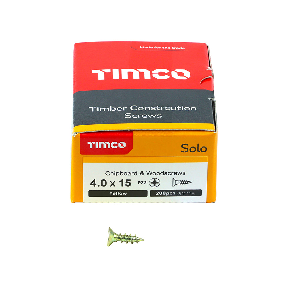 This is an image of Timco - Solo Chipboard & Woodscrews - PZ - Double Countersunk - Yellow 4.0 x 15mm - (200 PCS Box) 40015SOLOC