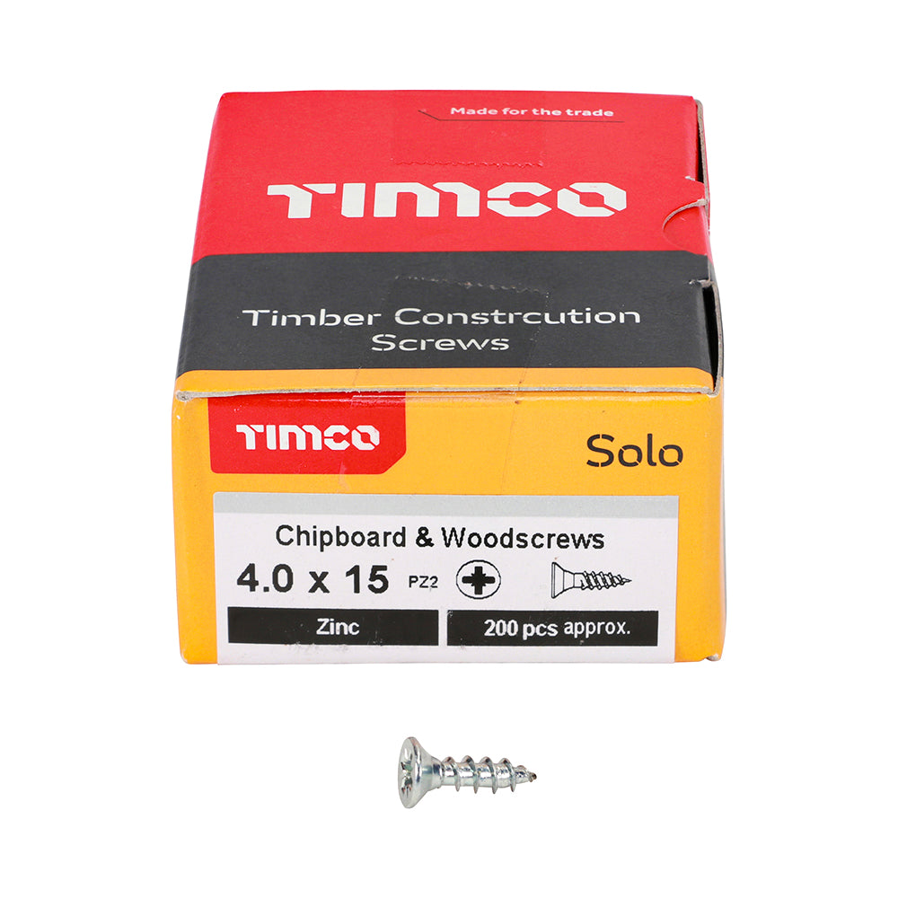 This is an image of Timco - Solo Chipboard & Woodscrews - PZ - Double Countersunk - Zinc 4.0 x 15mm - (200 PCS Box) 40015SOLOZ