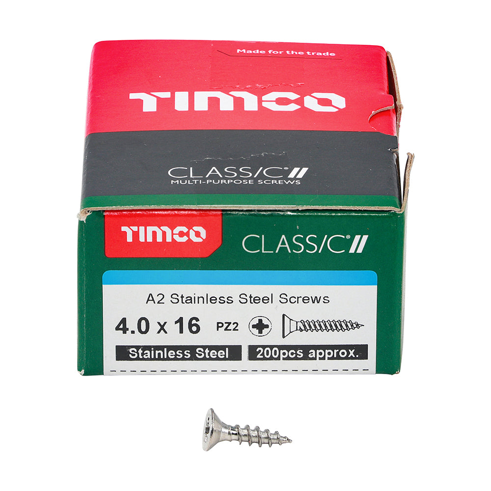 This is an image of Timco - Classic Multi-Purpose Screws - PZ - Double Countersunk - A2 Stainless Steel 4.0 x 16mm - (200 PCS Box) 40016CLASS