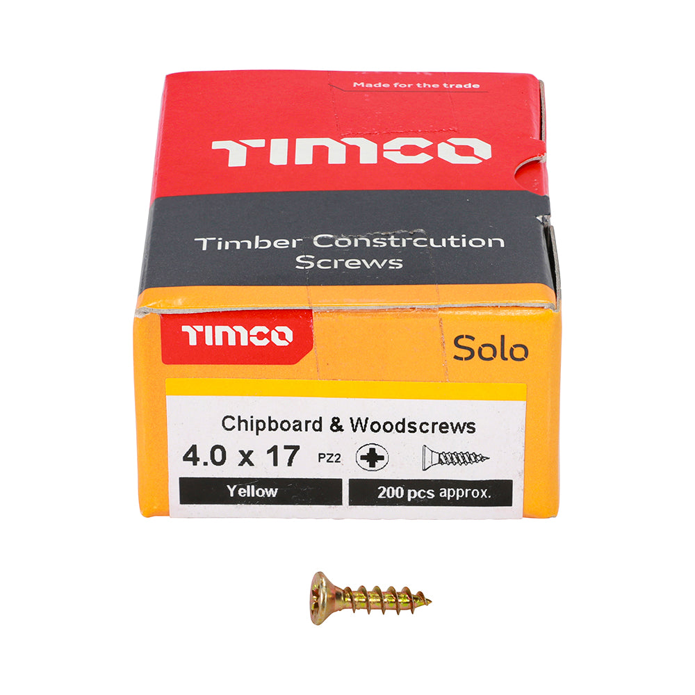 This is an image of Timco - Solo Chipboard & Woodscrews - PZ - Double Countersunk - Yellow 4.0 x 17mm - (200 PCS Box) 40017SOLOC