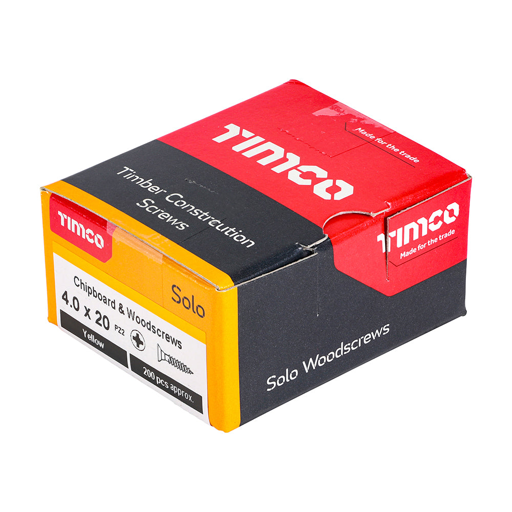 This is an image of Timco - Solo Chipboard & Woodscrews - PZ - Double Countersunk - Yellow 4.0 x 20mm - (200 PCS Box) 40020SOLOC