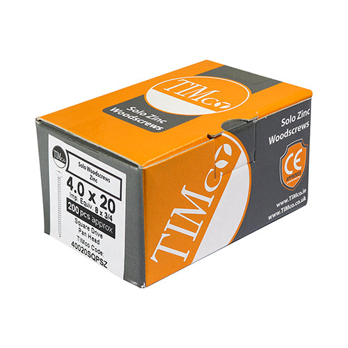 This is an image of Timco - Solo Chipboard & Woodscrews - SQ - Pan - Zinc 4.0 x 20mm - (200 PCS Box) 40020SQPSZ