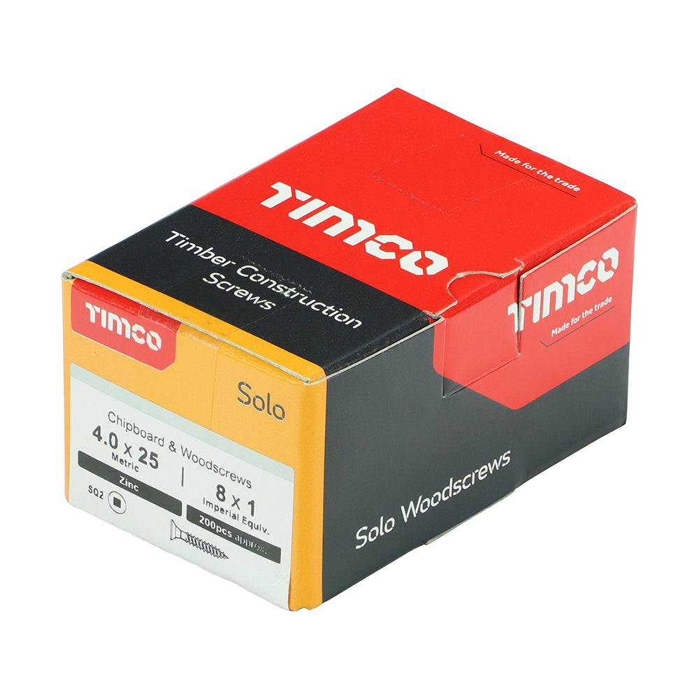 This is an image of Timco - Solo Chipboard & Woodscrews - SQ - Double Countersunk - Zinc 4.0 x 25mm - (200 PCS Box) 40025SQSZ