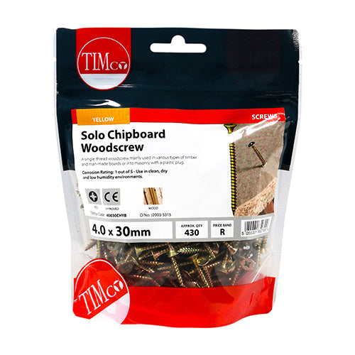 This is an image of Timco - Solo Woodscrews - PZ - Double Countersunk - Yellow 4.0 x 30mm - (430 PCS TIMbag) 40030CHYB