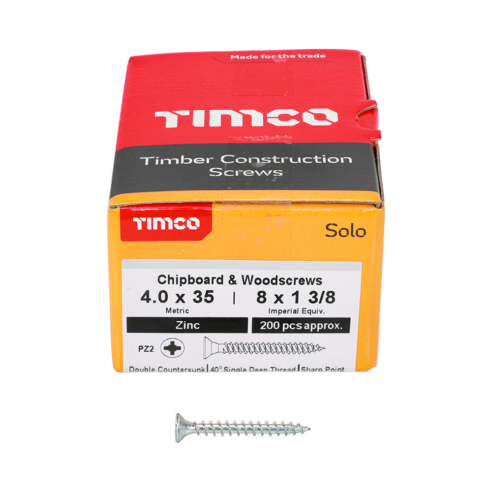 This is an image of Timco - Solo Chipboard & Woodscrews - PZ - Double Countersunk - Zinc 4.0 x 35mm - (200 PCS Box) 40035SOLOZ