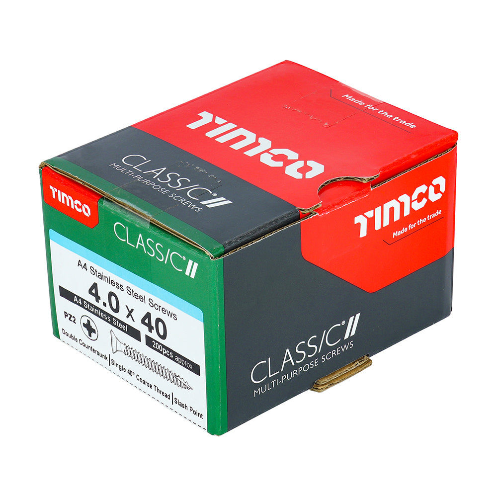This is an image of Timco - Classic Multi-Purpose Screws - PZ - Double Countersunk - A4 Stainless Steel 4.0 x 40mm - (200 PCS Box) 40040CLA4