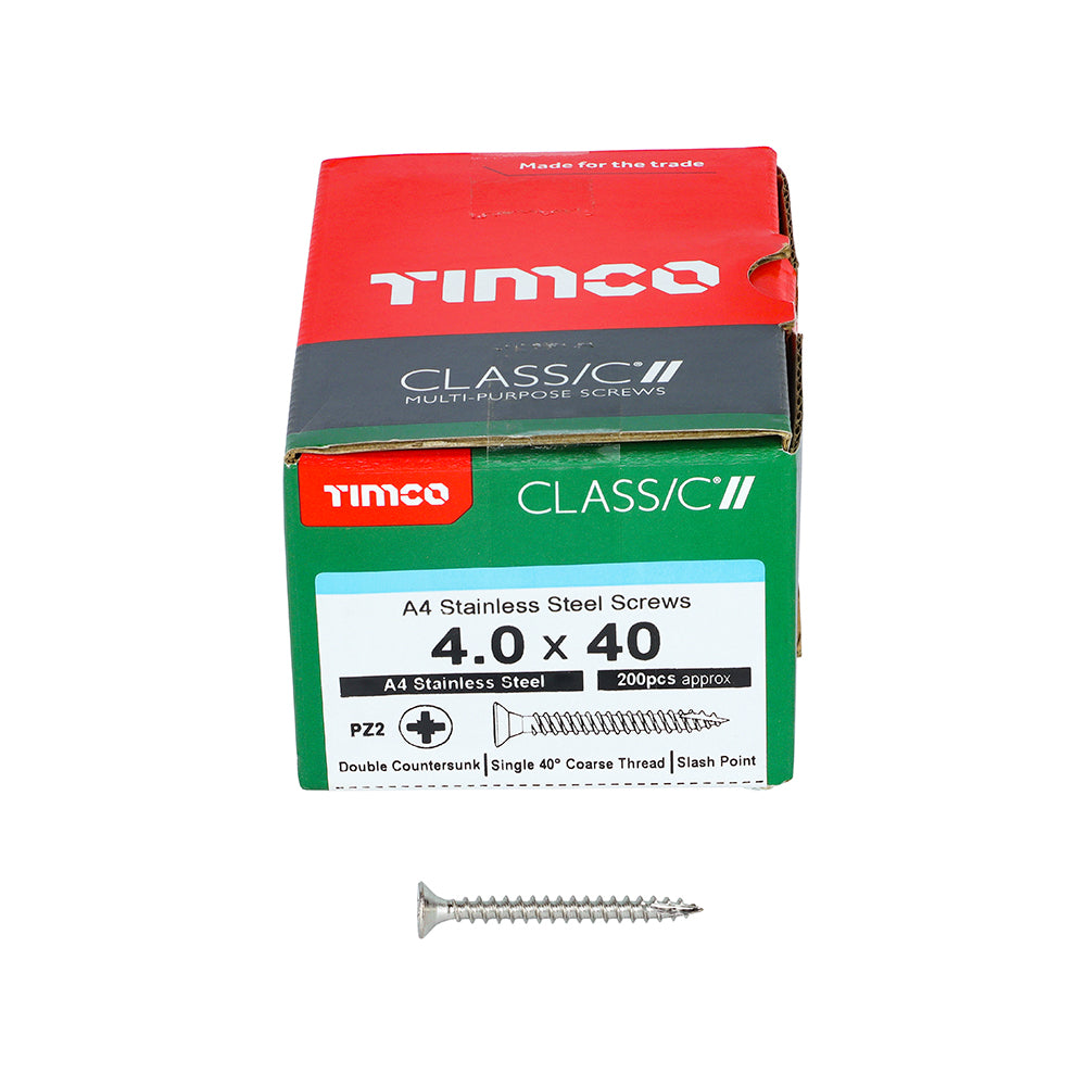 This is an image of Timco - Classic Multi-Purpose Screws - PZ - Double Countersunk - A4 Stainless Steel 4.0 x 40mm - (200 PCS Box) 40040CLA4