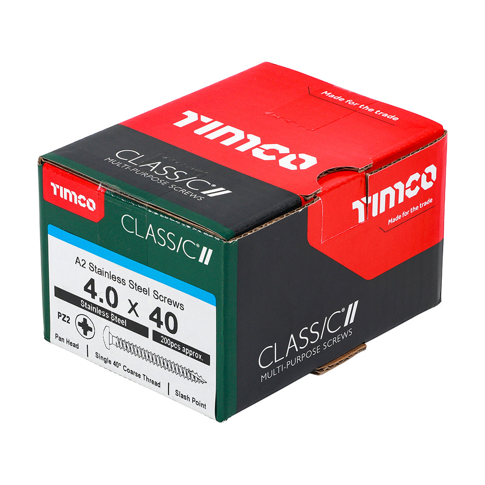 This is an image of Timco - Classic Multi-Purpose Screws - PZ - Pan Head - A2 Stainless Steel 4.0 x 40mm - (200 PCS Box) 40040CLAPSS