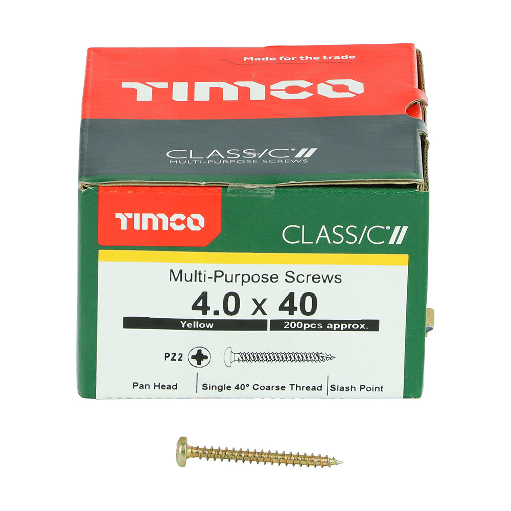 This is an image of Timco - Classic Multi-Purpose Screws - PZ - Pan Head - Yellow 4.0 x 40mm - (200 PCS Box) 40040CLAP