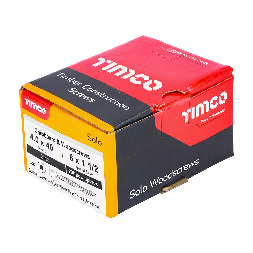 This is an image of Timco - Solo Chipboard & Woodscrews - SQ - Double Countersunk - Zinc 4.0 x 40mm - (200 PCS Box) 40040SQSZ