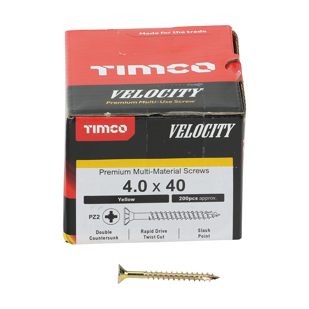 This is an image of Timco - Velocity Premium Multi-Use Screws - PZ - Double Countersunk - Yellow 4.0 x 40mm - (200 PCS Box) 40040VY