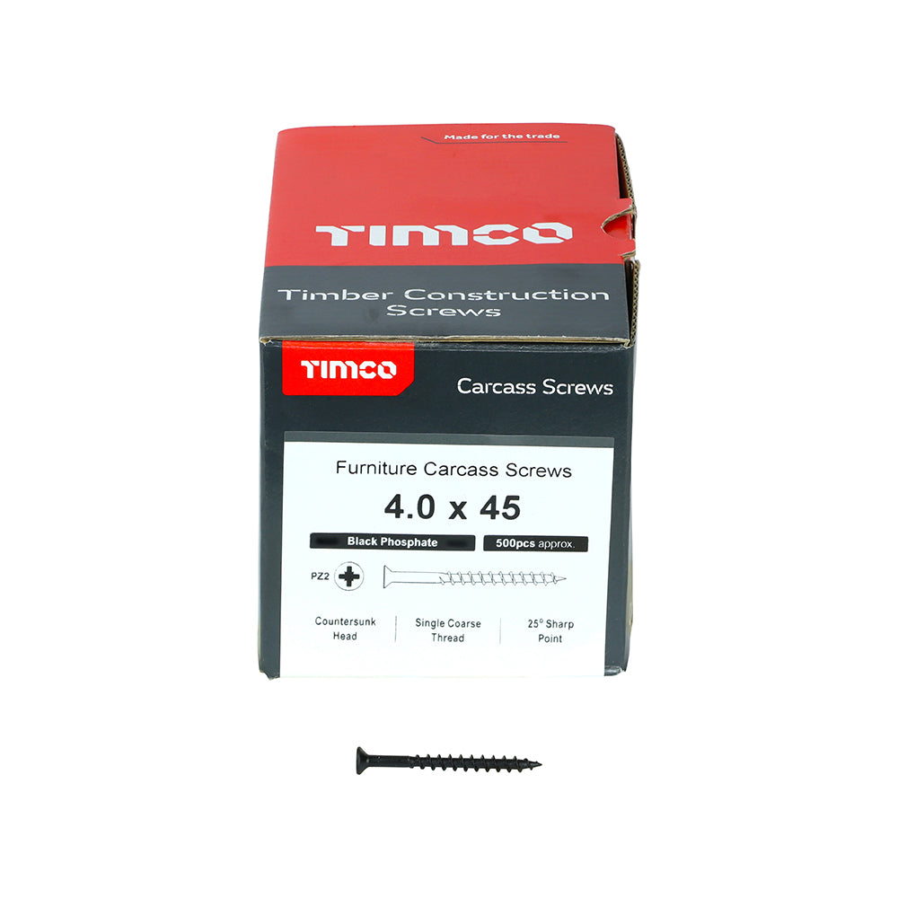 This is an image of Timco - Furniture Carcass Screws - PZ - Black 4.0 x 45mm - (500 PCS Box) 40045CARC
