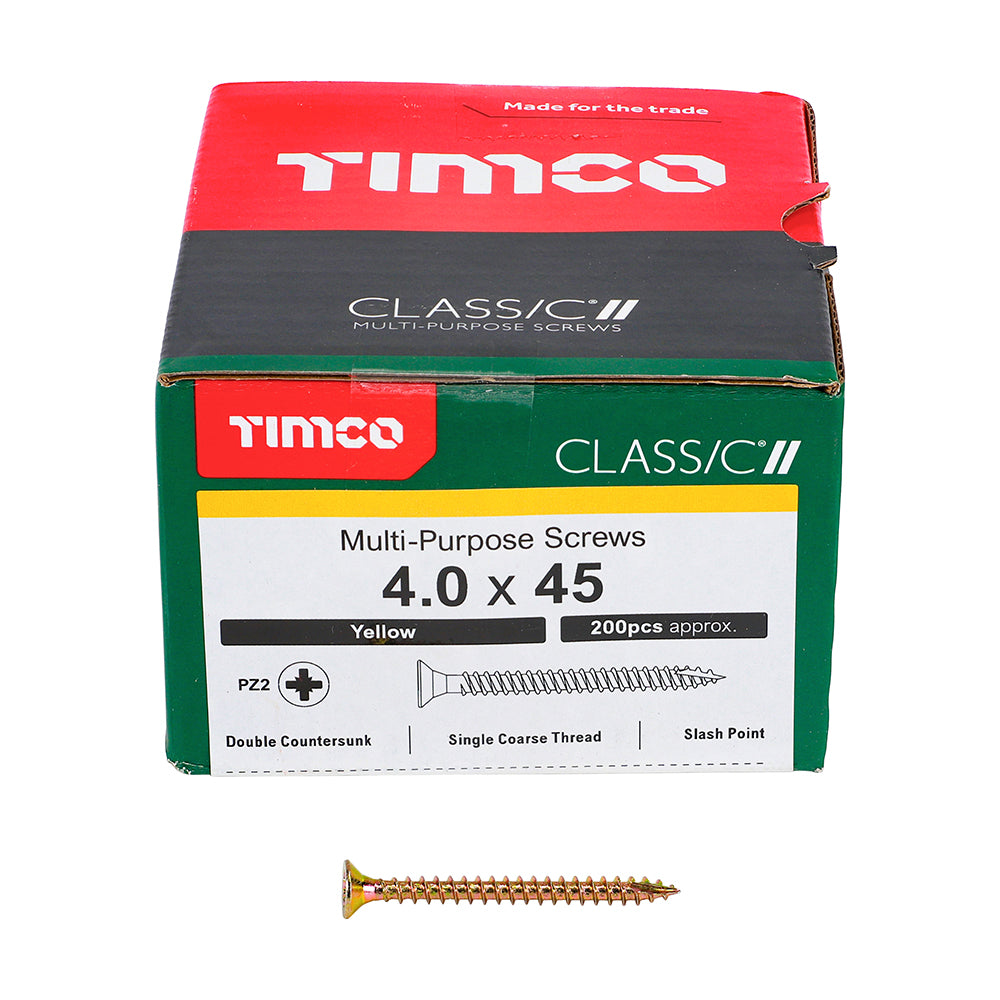 This is an image of Timco - Classic Multi-Purpose Screws - PZ - Double Countersunk - Yellow 4.0 x 45mm - (200 PCS Box) 40045CLAF