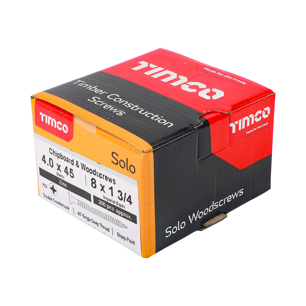 This is an image of Timco - Solo Chipboard & Woodscrews - PZ - Double Countersunk - Zinc 4.0 x 45mm - (200 PCS Box) 40045SOLOZ