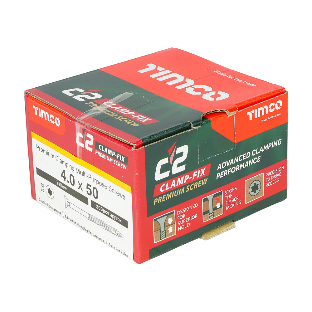 This is an image of Timco - C2 Clamp-Fix Screws - TX - Double Countersunk with Ribs - Twin-Cut - Yellow 4.0 x 50mm - (200 PCS Box) 40050C2C