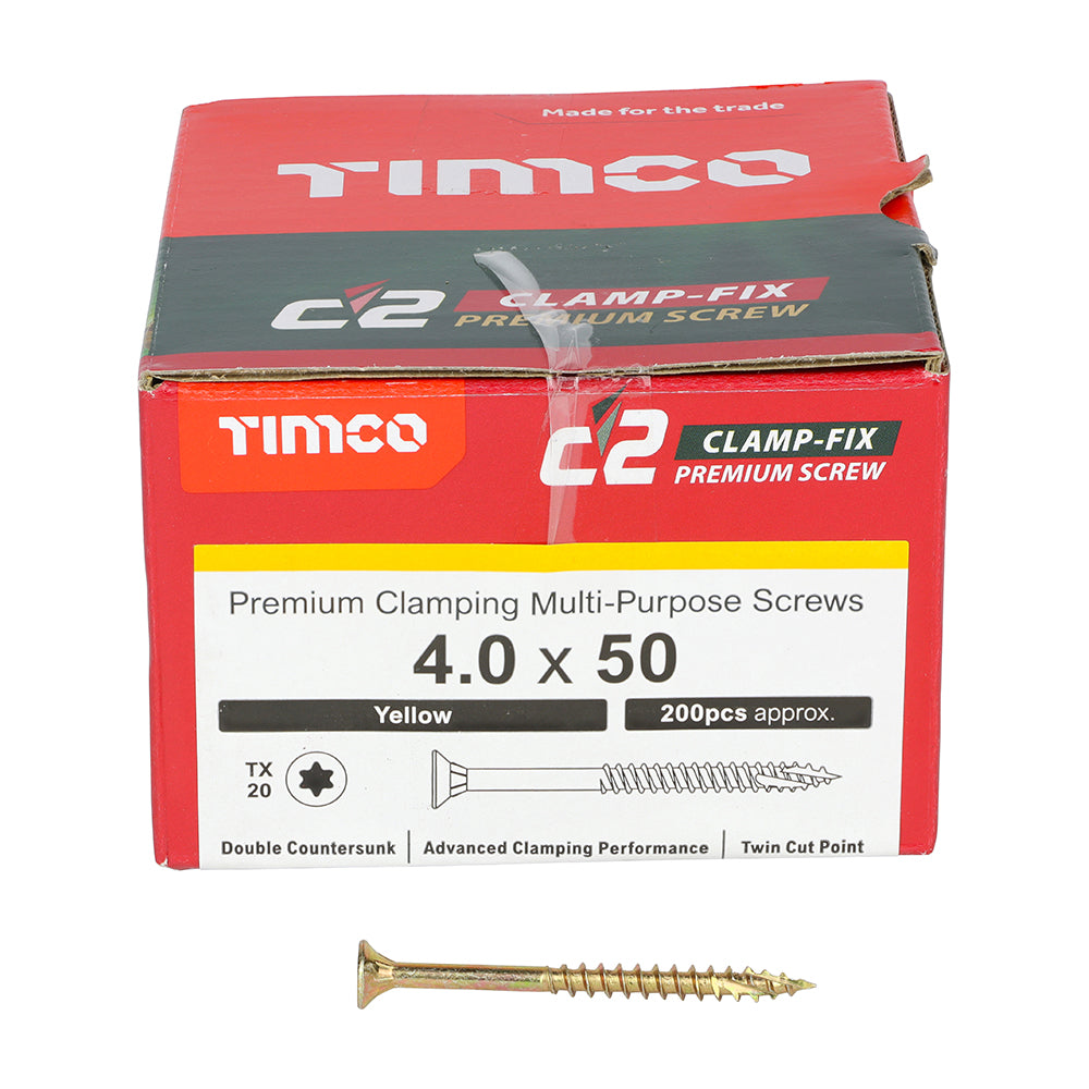 This is an image of Timco - C2 Clamp-Fix Screws - TX - Double Countersunk with Ribs - Twin-Cut - Yellow 4.0 x 50mm - (200 PCS Box) 40050C2C