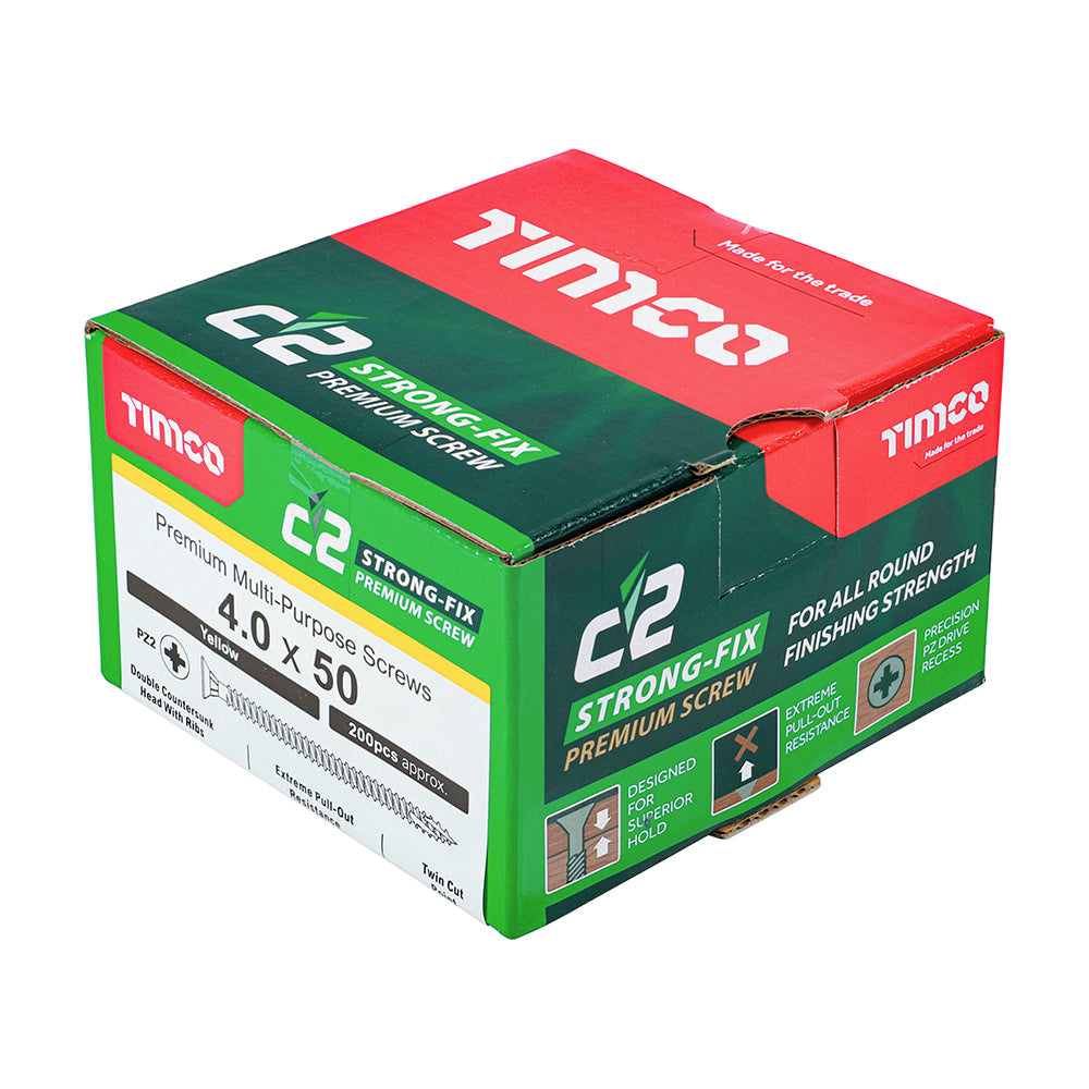 This is an image of Timco - C2 Strong-Fix Screws - PZ - Double Countersunk - Twin-Cut - Yellow 4.0 x 50mm - (200 PCS Box) 40050C2