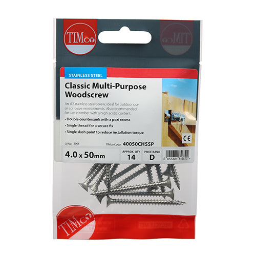 This is an image of Timco - Classic Multi-Purpose Screws - PZ - Double Countersunk - Stainless Steel 4.0 x 50mm - (14 PCS TIMpac) 40050CHSSP