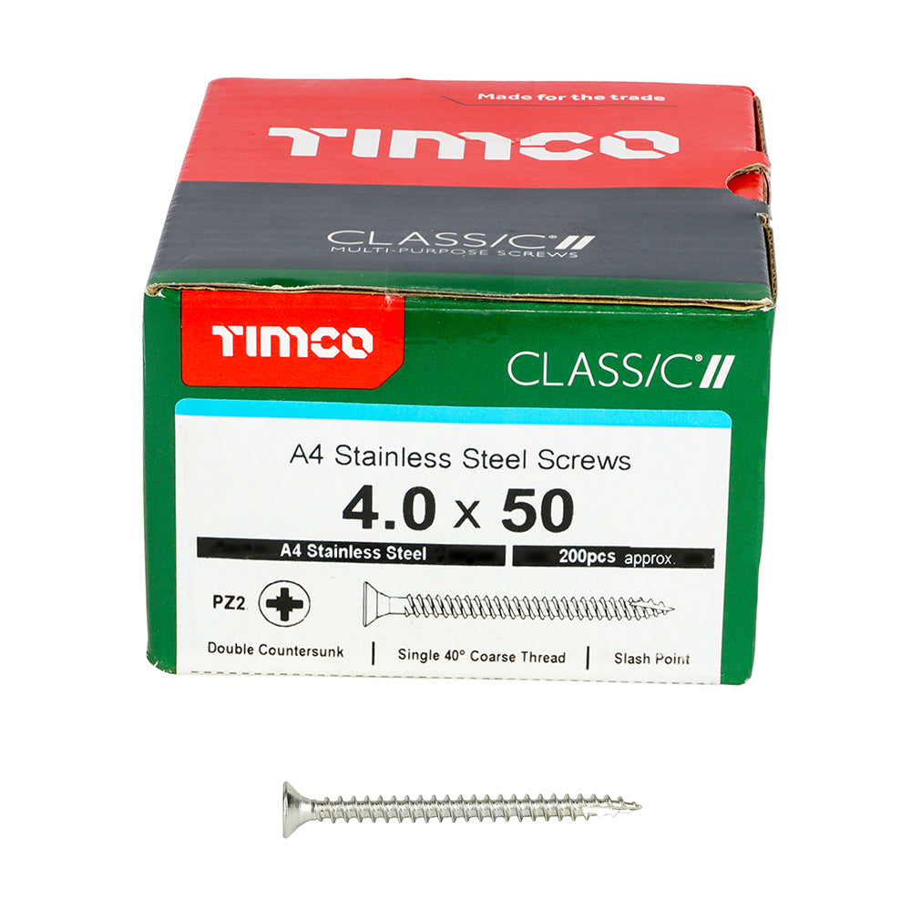 This is an image of Timco - Classic Multi-Purpose Screws - PZ - Double Countersunk - A4 Stainless Steel 4.0 x 50mm - (200 PCS Box) 40050CLA4