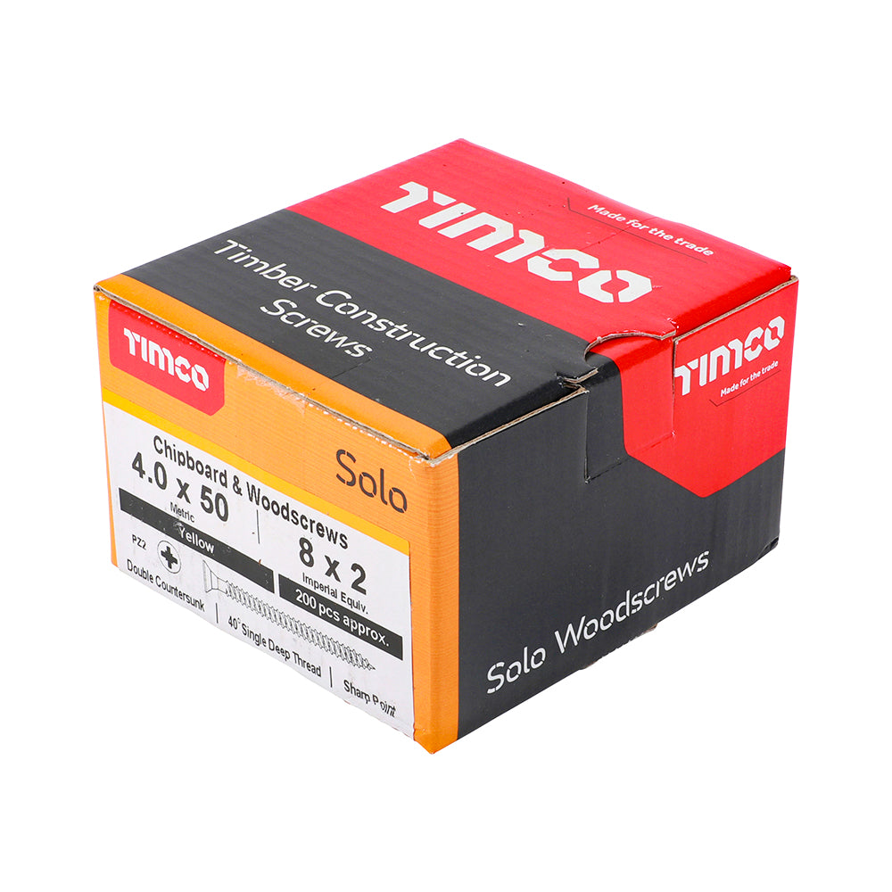 This is an image of Timco - Solo Chipboard & Woodscrews - PZ - Double Countersunk - Yellow 4.0 x 50mm - (200 PCS Box) 40050SOLOC