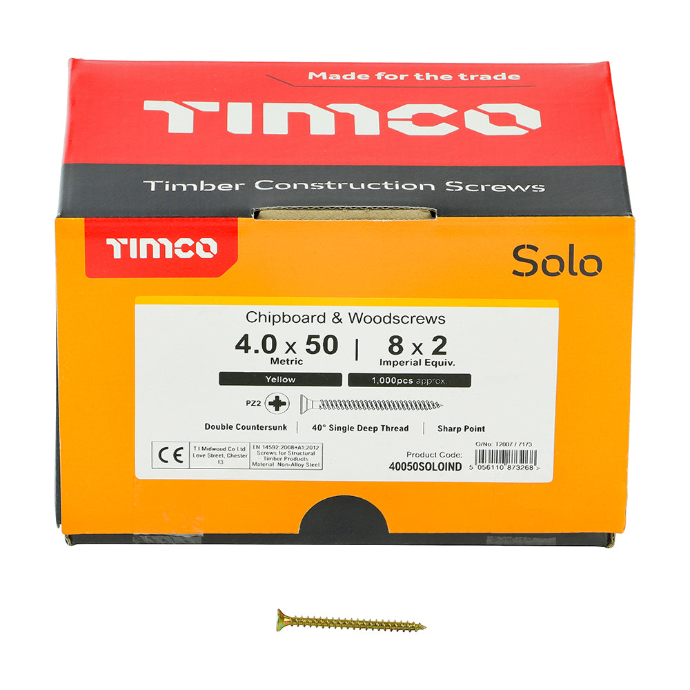 This is an image of Timco - Solo Chipboard & Woodscrews - Industry Pack - PZ - Double Countersunk - Yellow 4.0 x 50mm - (1000 PCS Box) 40050SOLOIND