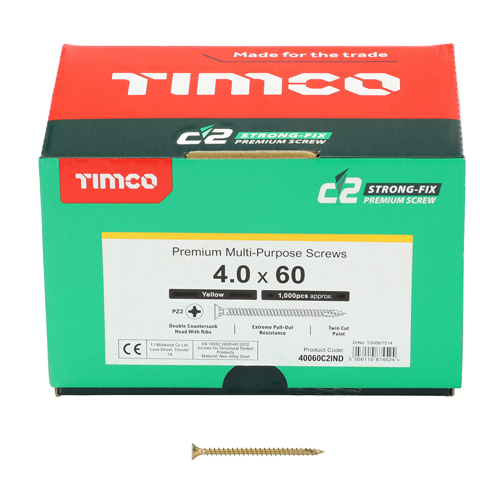 This is an image of Timco - C2 Strong-Fix Screws - PZ - Double Countersunk - Twin-Cut - Yellow 4.0 x 60mm - (1000 PCS Box) 40060C2IND