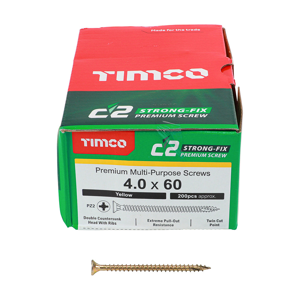 This is an image of Timco - C2 Strong-Fix Screws - PZ - Double Countersunk - Twin-Cut - Yellow 4.0 x 60mm - (200 PCS Box) 40060C2