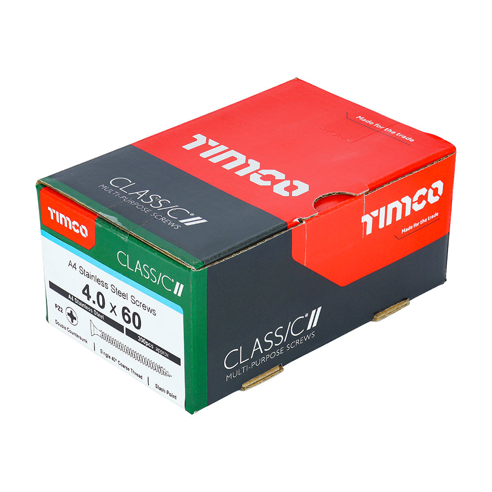 This is an image of Timco - Classic Multi-Purpose Screws - PZ - Double Countersunk - A4 Stainless Steel 4.0 x 60mm - (200 PCS Box) 40060CLA4