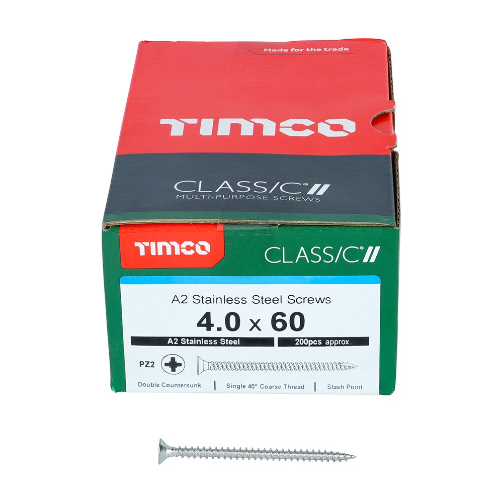 This is an image of Timco - Classic Multi-Purpose Screws - PZ - Double Countersunk - A2 Stainless Steel 4.0 x 60mm - (200 PCS Box) 40060CLASS