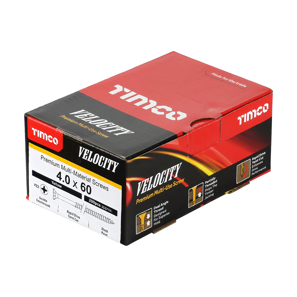This is an image of Timco - Velocity Premium Multi-Use Screws - PZ - Double Countersunk - Yellow 4.0 x 60mm - (200 PCS Box) 40060VY