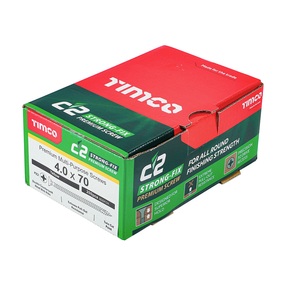 This is an image of Timco - C2 Strong-Fix Screws - PZ - Double Countersunk - Twin-Cut - Yellow 4.0 x 70mm - (200 PCS Box) 40070C2