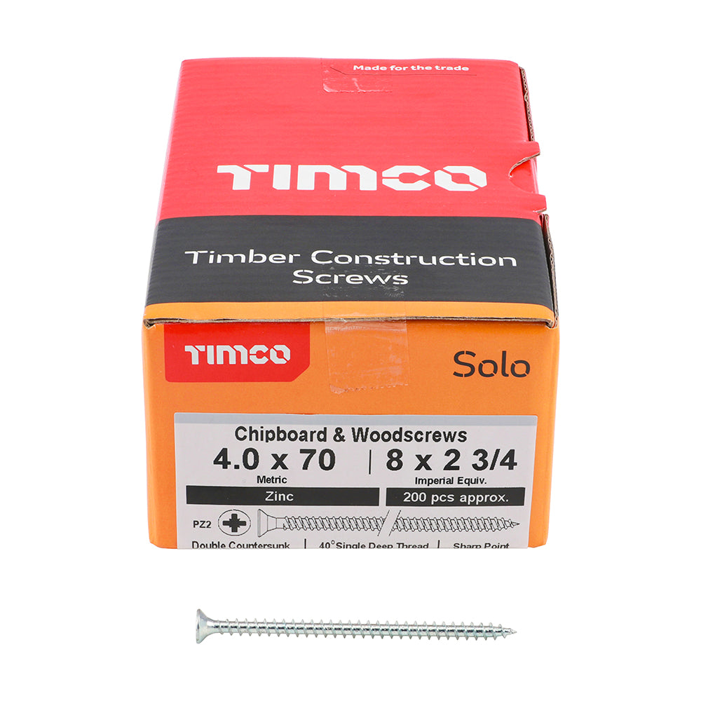 This is an image of Timco - Solo Chipboard & Woodscrews - PZ - Double Countersunk - Zinc 4.0 x 70mm - (200 PCS Box) 40070SOLOZ