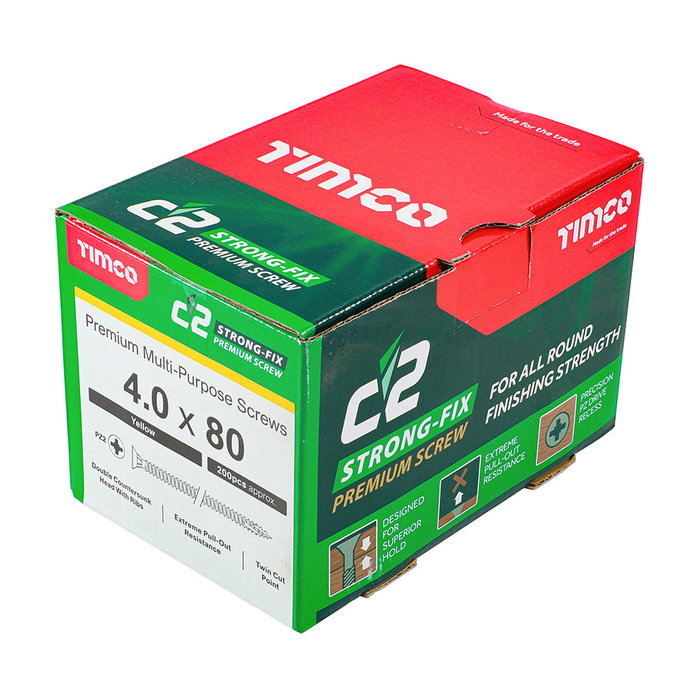 This is an image of Timco - C2 Strong-Fix Screws - PZ - Double Countersunk - Twin-Cut - Yellow 4.0 x 80mm - (200 PCS Box) 40080C2