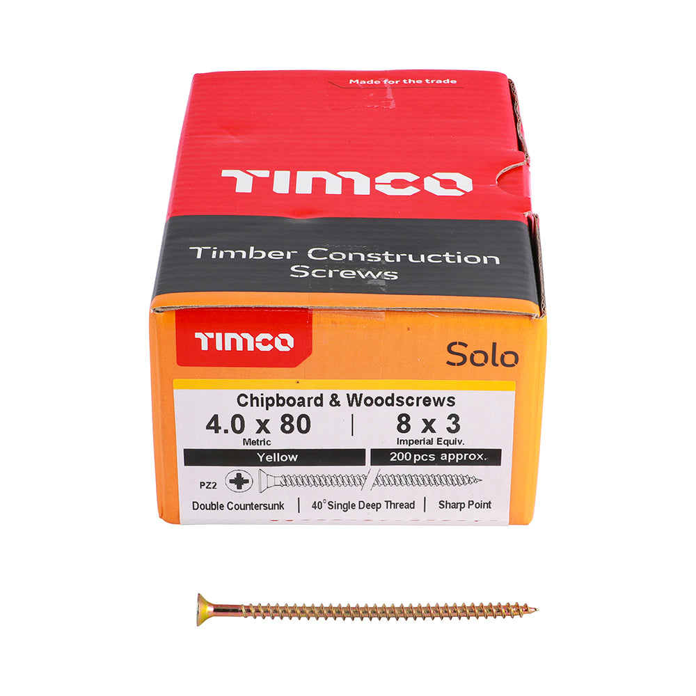 This is an image of Timco - Solo Chipboard & Woodscrews - PZ - Double Countersunk - Yellow 4.0 x 80mm - (200 PCS Box) 40080SOLOC