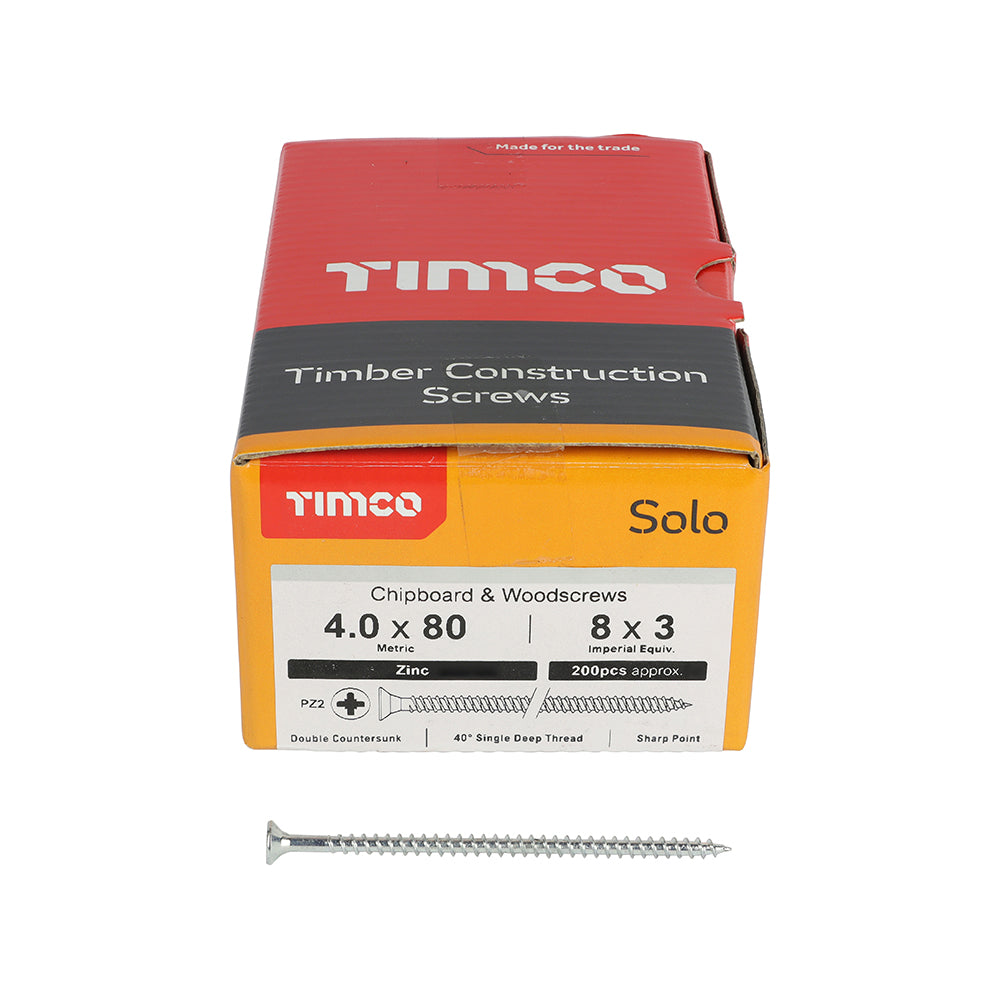 This is an image of Timco - Solo Chipboard & Woodscrews - PZ - Double Countersunk - Zinc 4.0 x 80mm - (200 PCS Box) 40080SOLOZ