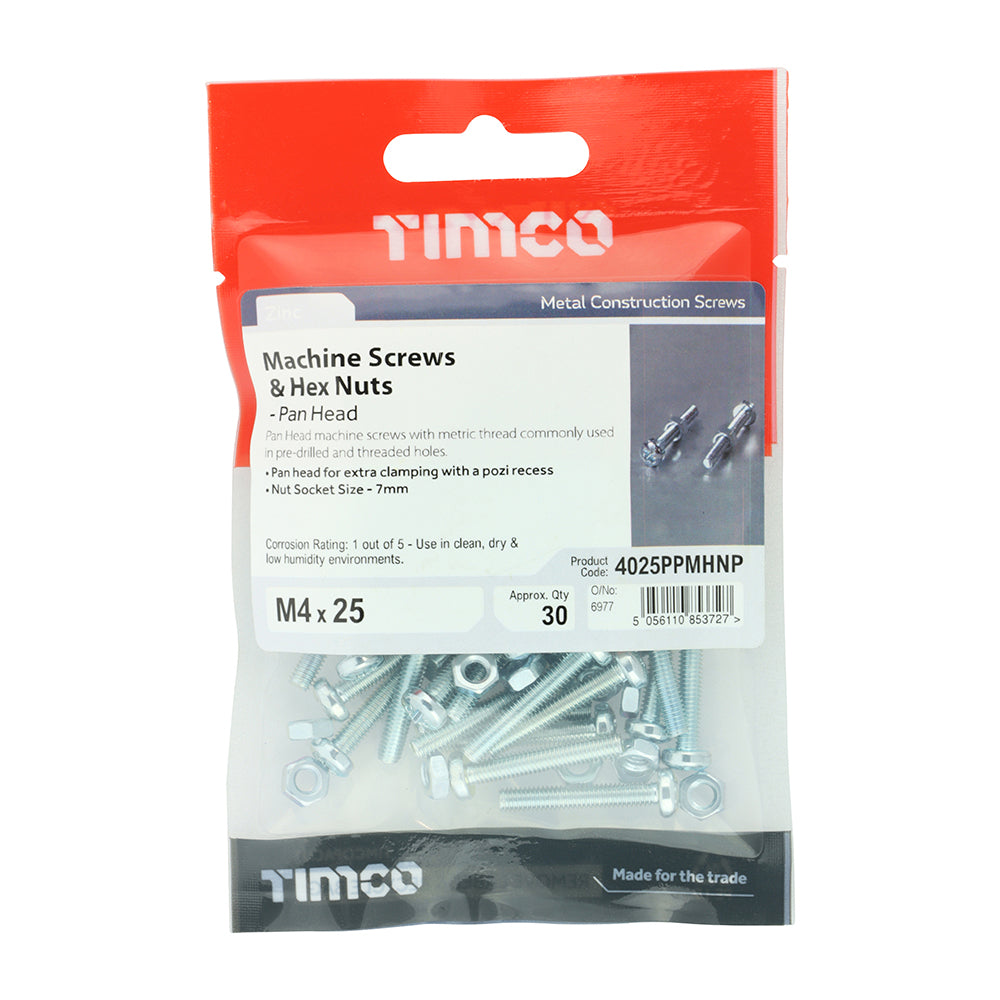 This is an image of Timco - Machine Screws - PZ - Pan & Hex Nuts - Zinc M4 x 25mm - (30 PCS TIMpac) 4025PPMHNP