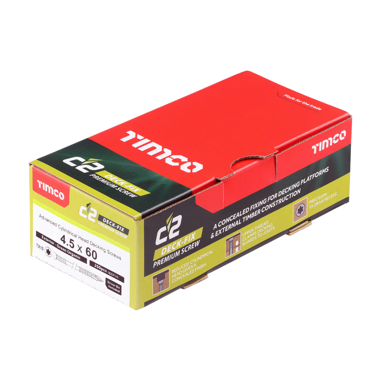 This is an image of Timco - C2 Deck-Fix Screws - TX - Cylinder - Twin-Cut - Green 4.5 x 60mm - (250 PCS Box) 433209BX