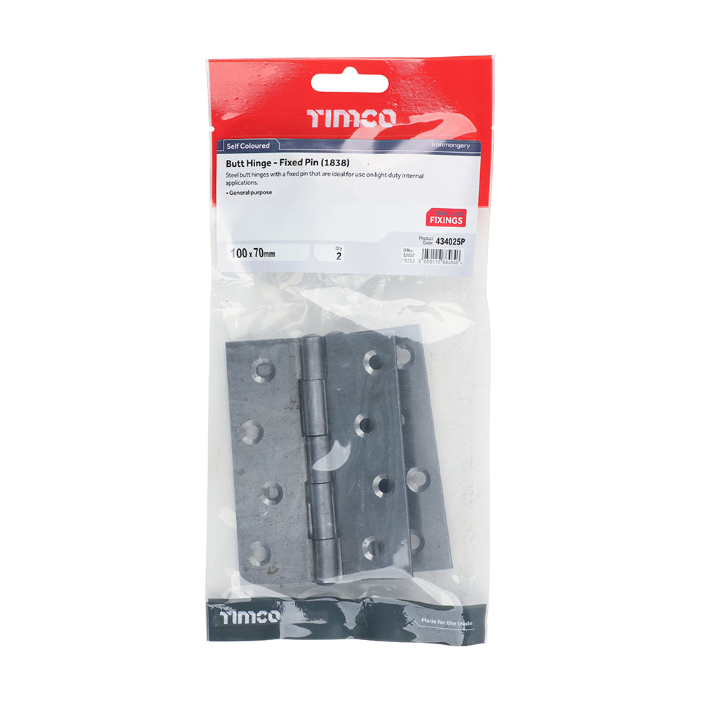 This is an image of Timco - Plain Butt Hinge - Fixed Pin (1838) - Self Colour 100 x 70 (1 Pairs TIMbag) 434025P
