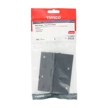 This is an image of Timco - Plain Butt Hinge - Fixed Pin (1838) - Black 100 x 70 (1 Pairs TIMbag) 434401P