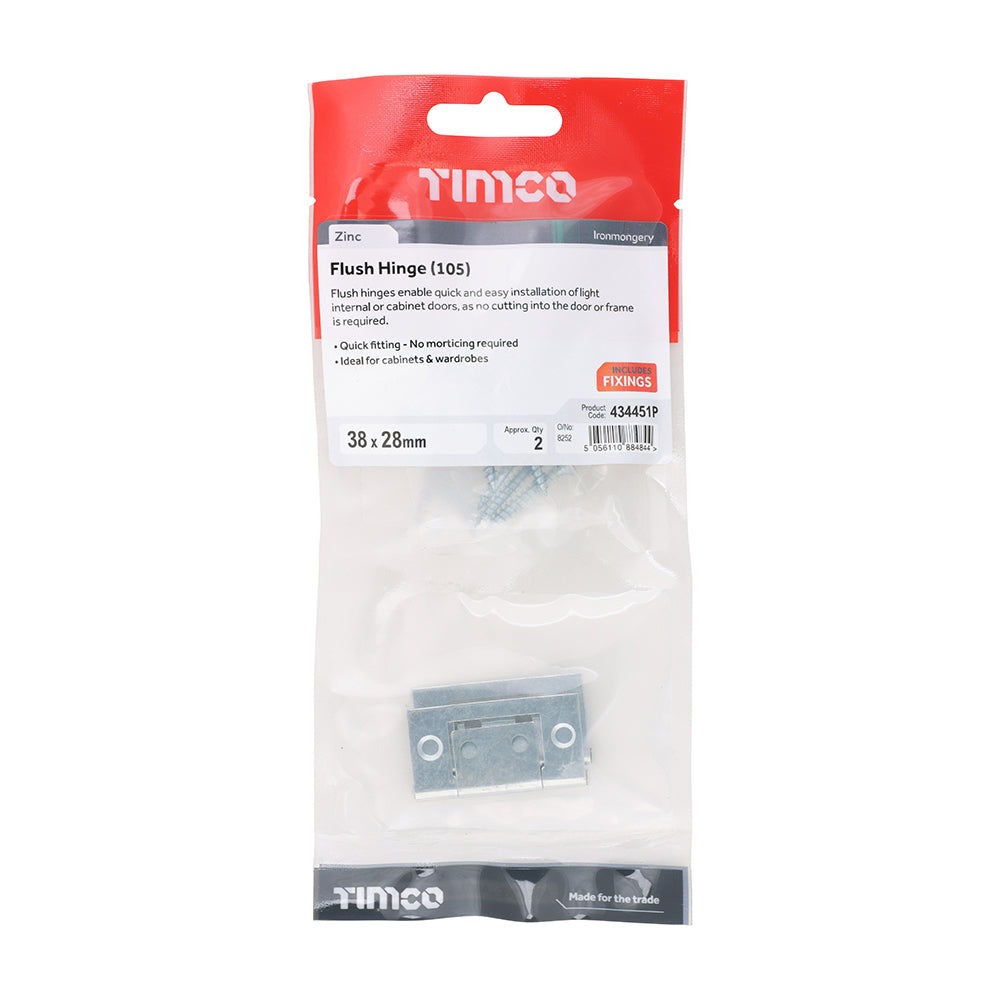 This is an image of Timco - Flush Hinge (105) - Zinc 38 x 28 (1 Pairs TIMpac) 434451P