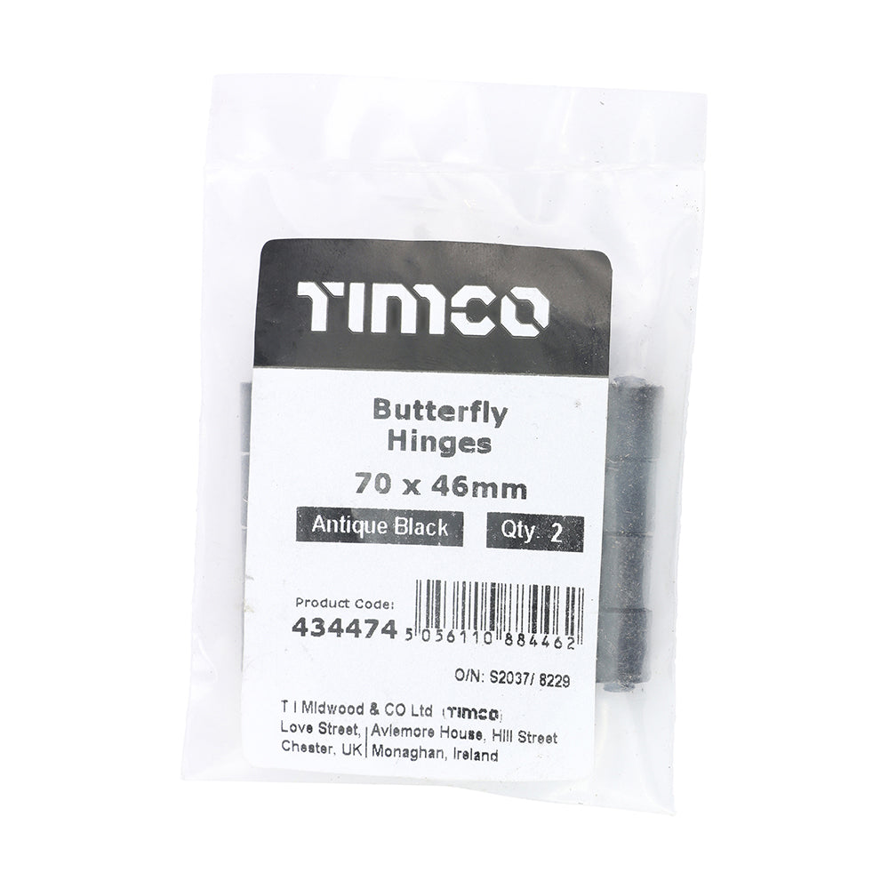 This is an image of Timco - Pair of Butterfly Hinges - Antique Black 70 x 46 (1 Pairs Bag) 434474