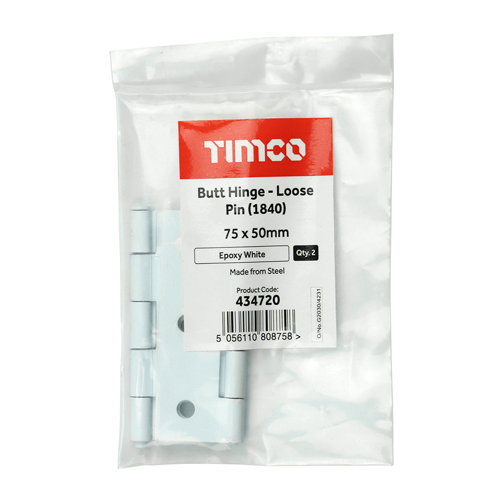 This is an image of Timco - Plain Butt Hinge - Loose Pin (1840) - White 75 x 50 (1 Pairs Plain Bag) 434720