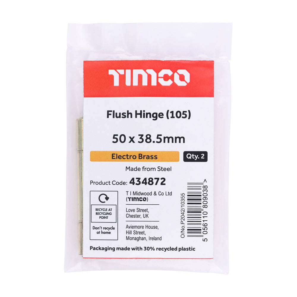 This is an image of Timco - Flush Hinge (105) - Electro Brass 50 x 38.5 (1 Pairs Plain Bag) 434872