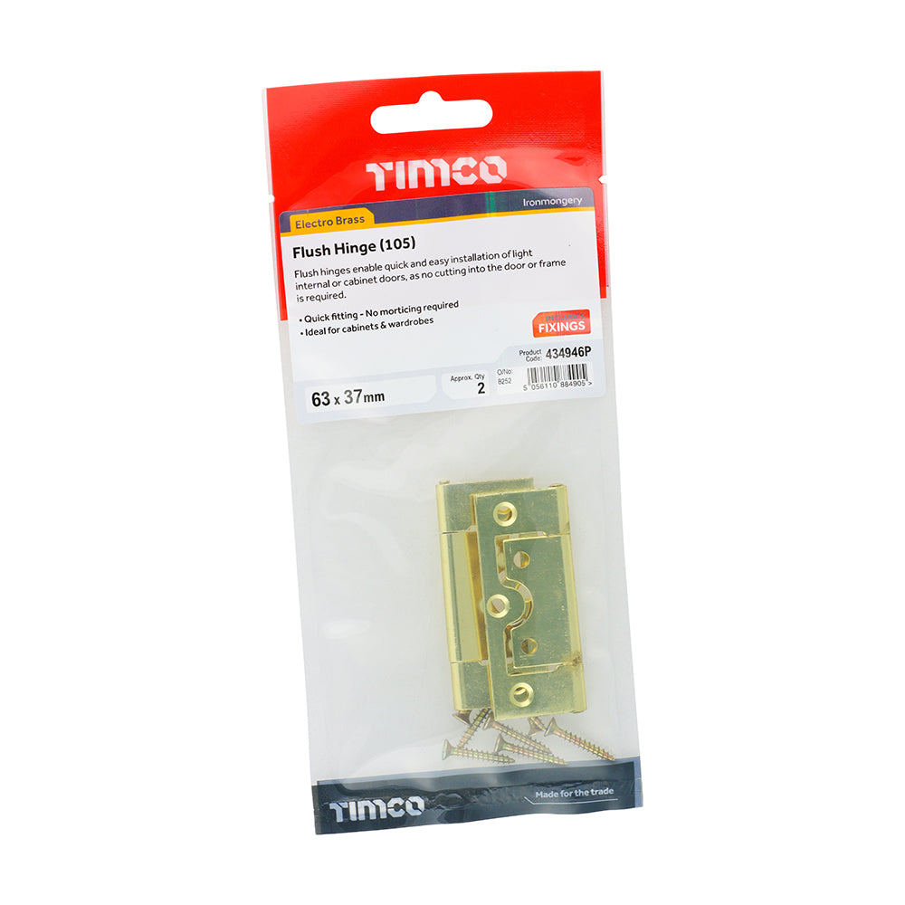 This is an image of Timco - Flush Hinge (105) - Electro Brass 63 x 37 (1 Pairs TIMpac) 434946P