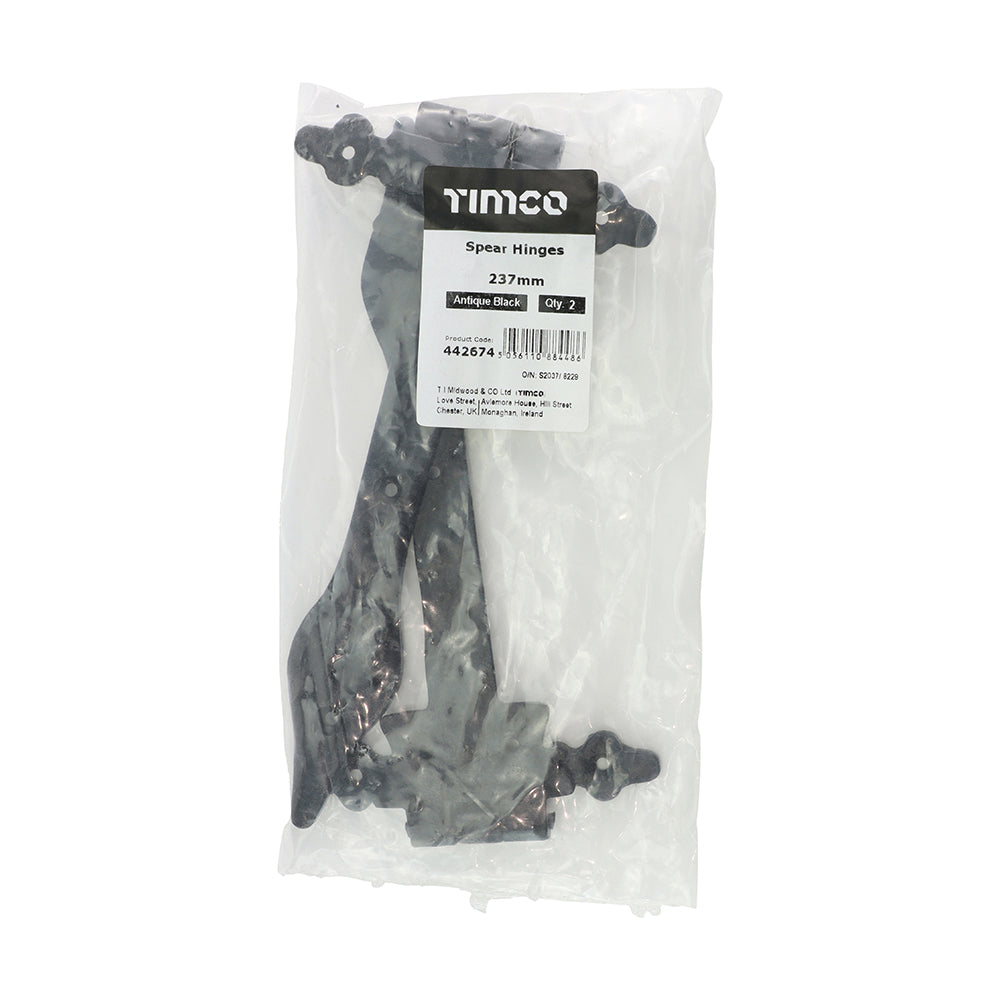 This is an image of Timco - Pair of Spear Hinges - Antique Black 237mm (1 Pairs Bag) 442674