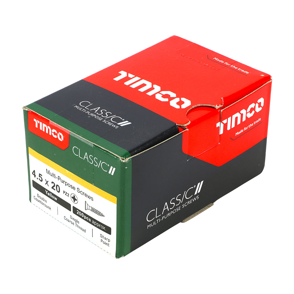 This is an image of Timco - Classic Multi-Purpose Screws - PZ - Double Countersunk - Yellow 4.5 x 20mm - (200 PCS Box) 45020CLAF