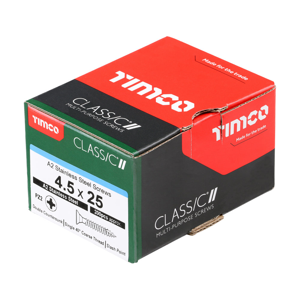 This is an image of Timco - Classic Multi-Purpose Screws - PZ - Double Countersunk - A2 Stainless Steel 4.5 x 25mm - (200 PCS Box) 45025CLASS