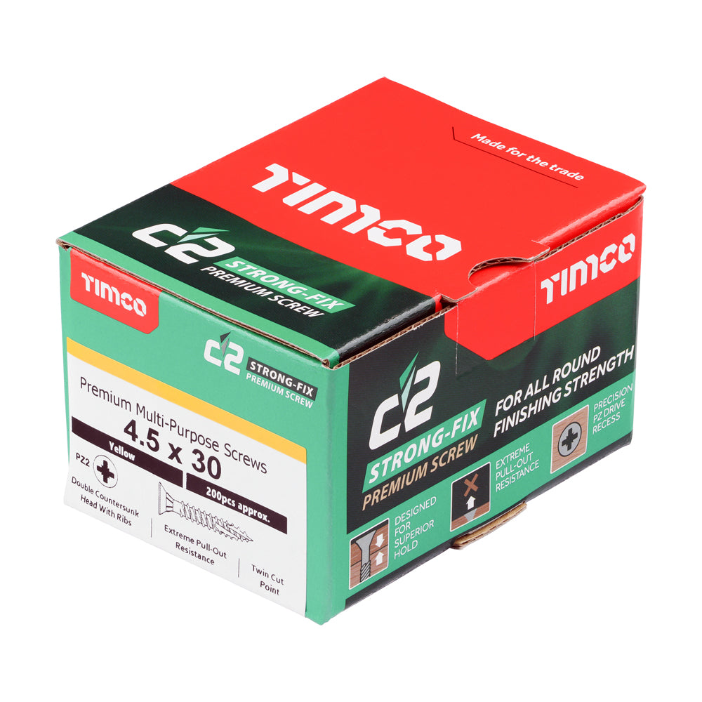 This is an image of Timco - C2 Strong-Fix Screws - PZ - Double Countersunk - Twin-Cut - Yellow 4.5 x 30mm - (200 PCS Box) 45030C2