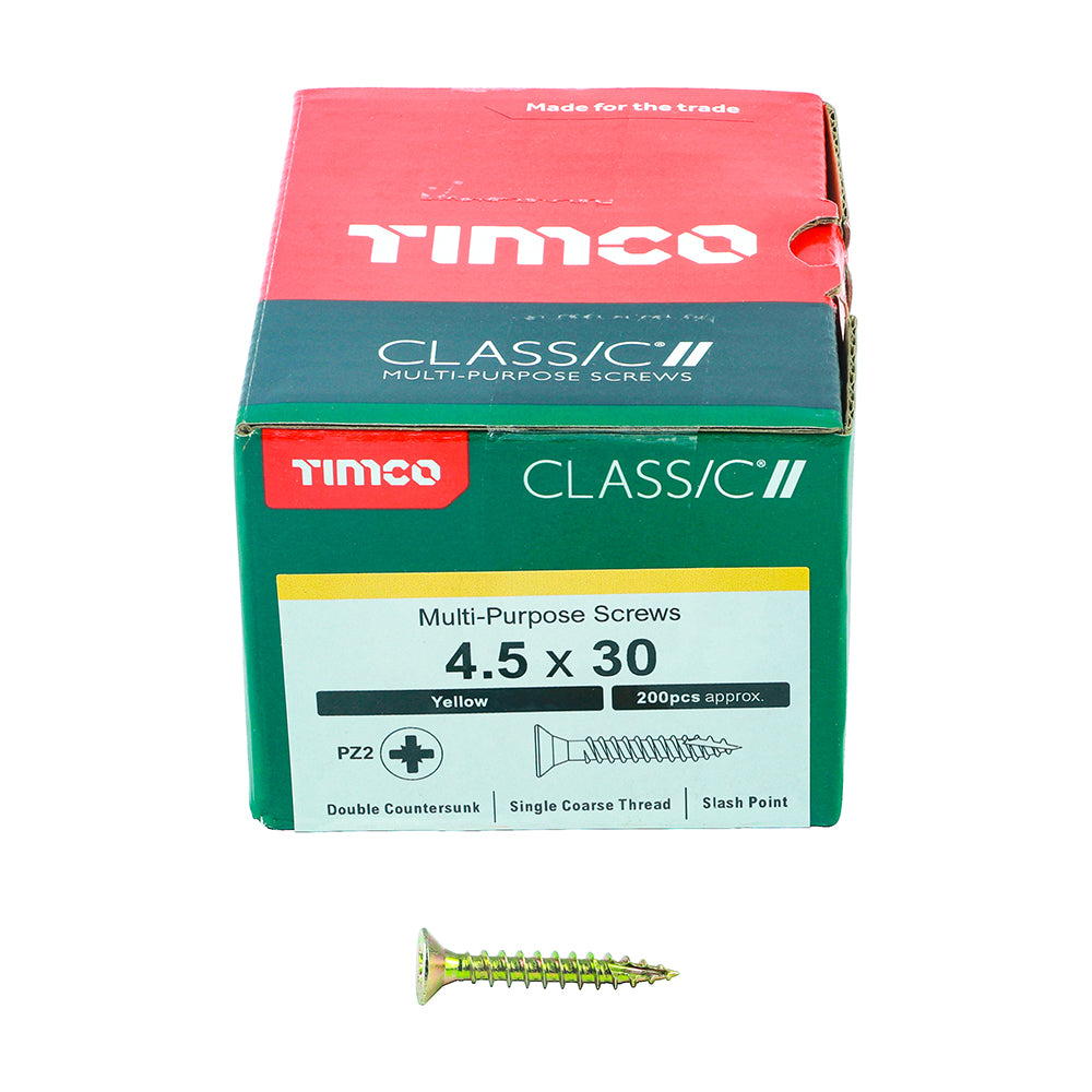 This is an image of Timco - Classic Multi-Purpose Screws - PZ - Double Countersunk - Yellow 4.5 x 30mm - (200 PCS Box) 45030CLAF